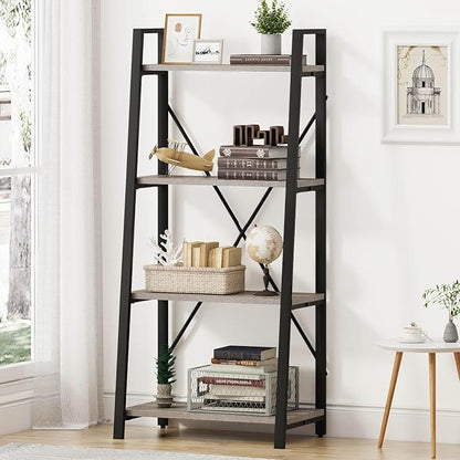 BON AUGURE Rustic Ladder Bookshelf, 4 Tier Industrial Ladder Shelf Bookcase, Standing Leaning Book Shelves for Living Room (Dark Gray Oak) - LeafyLoom