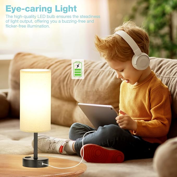 Beige Touch Table Lamp for Bedroom - 3 Way Dimmable Bedside Lamp USB C Charging Ports and AC Outlet, Small Lamp with Fabric Shade Black Base for Living Room, Office Desk, LED Bulb Included - LeafyLoom