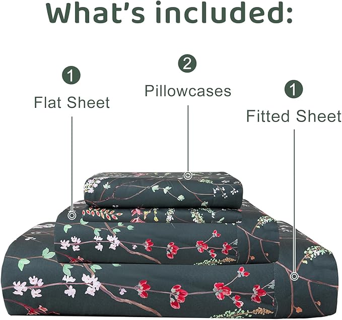 QSH Floral Egyptian Cotton Sheets King Size - Navy Floral Bedding Sheets Botanical Pattern Printed Bedding King Size Bed Sheets 17.5" Extra Deep Pocket 4pcs - LeafyLoom