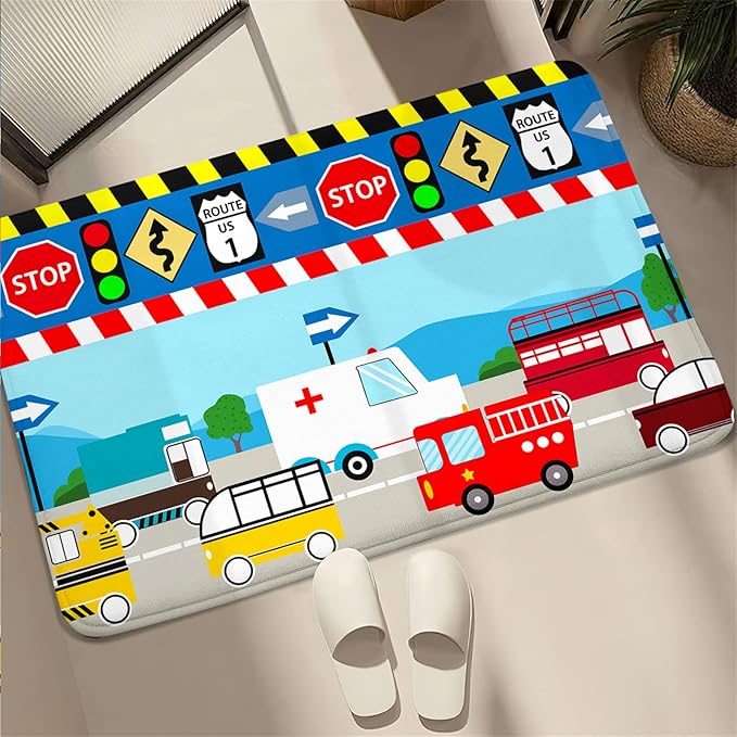 Cartoon Ambulance Car Area Rug Car Carpet for Kids Play Rug for Cars and Trucks Car Rug Play Mat Car Track Rug Truck Rugs for Boys Room Rugs for Boys Bedroom,Light Blue 2'×3' - LeafyLoom