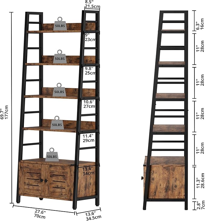 IRONCK Bookshelf with Louvered Doors, 4-tier Ladder Shelf with Cabinet Industrial Accent Furniture for Bedroom Living Room Home Office, Rustic Brown - LeafyLoom