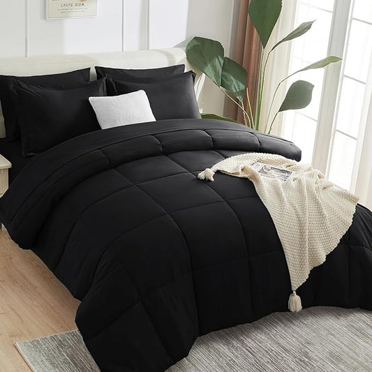 CozyLux Full Size Comforter Sets - 7 Pieces Bed in a Bag Set Black Full, Complete Bedding Sets Bed Set for All Season with Comforter, Flat Sheets, Fitted Sheet, Pillowcases & Shams - LeafyLoom