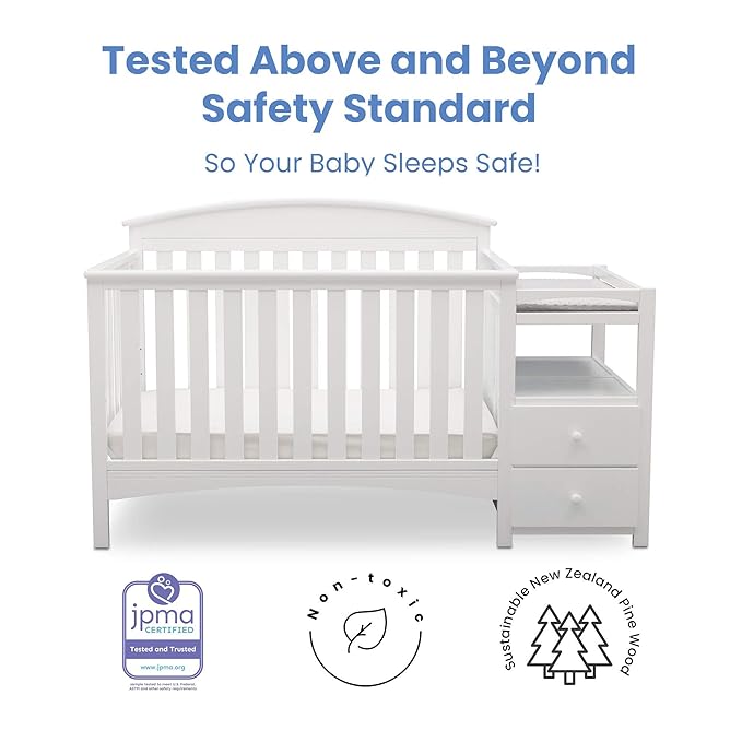 Delta Children Abby Convertible Crib 'N' Changer, Bianca + Serta Perfect Slumber Dual Sided Recycled Fiber Core Crib and Toddler Mattress (Bundle) - LeafyLoom