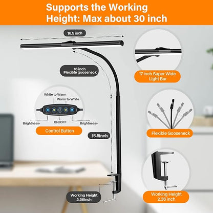 LED Desk Lamp with Clamp - Architect Desk Lamp Swing Arm Task Light 360 ° Rotation Gooseneck Desktop Lighting for Office Home Workbench Drafting Reading - LeafyLoom