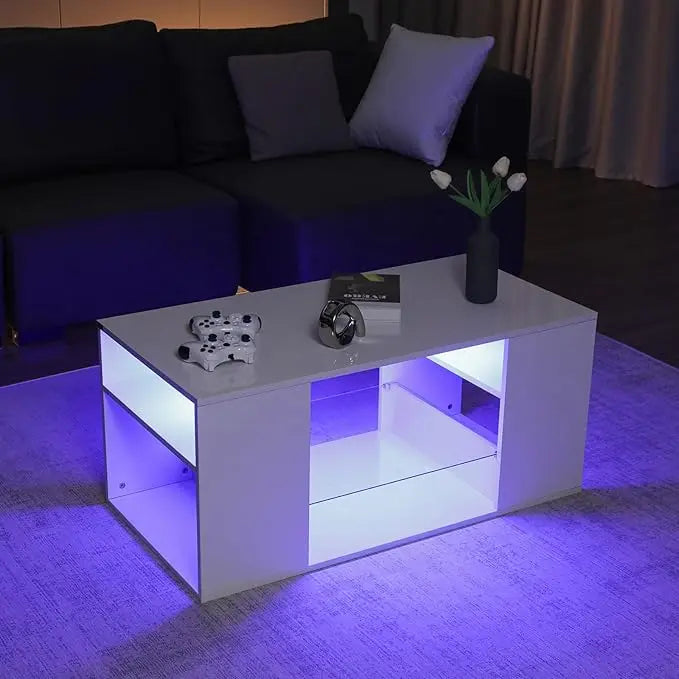 HOMMPA LED Coffee Tables for Living Room Modern White Coffee Table with 3 Shelves Open Glass Storage High Glossy Center Table Sofa Cocktail Table with 16 Colors LED Lights for Home Furniture White - LeafyLoom