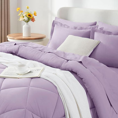 CozyLux Queen Comforter Set with Sheets 7 Pieces Bed in a Bag Light Purple All Season Lavender Bedding Sets with Comforter, Pillow Shams, Flat Sheet, Fitted Sheet and Pillowcases - LeafyLoom