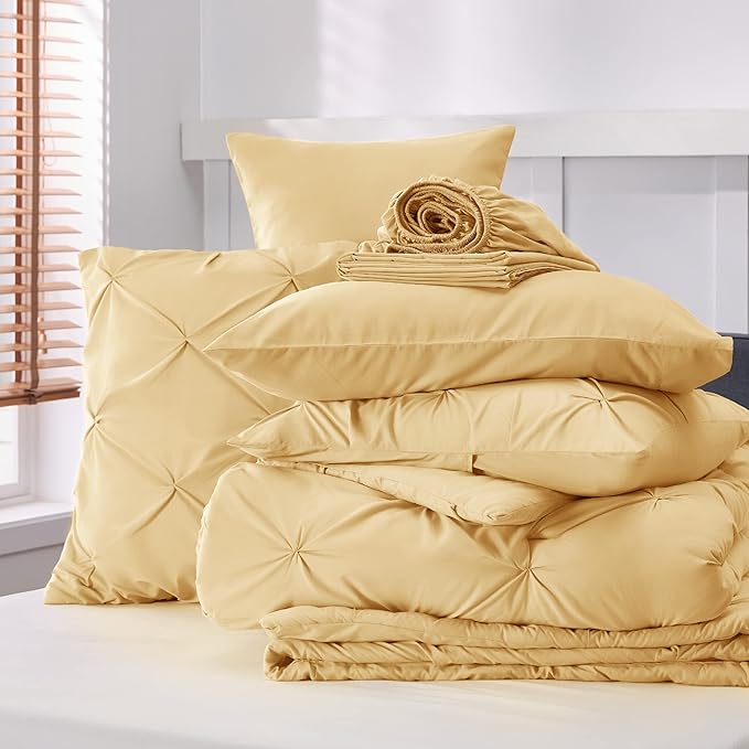 Bedsure Twin Comforter Set with Sheets - 5 Pieces Twin Bedding Sets, Pinch Pleat Yellow Twin Bed in a Bag with Comforter, Sheets, Pillowcase & Sham - LeafyLoom