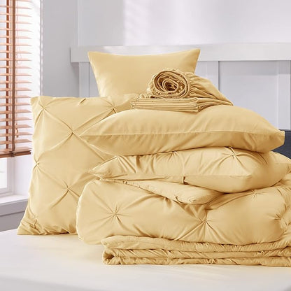 Bedsure King Size Comforter Set - Bedding Set King 7 Pieces, Pintuck Bed in a Bag Yellow Bed Set with Comforter, Sheets, Pillowcases & Shams - LeafyLoom