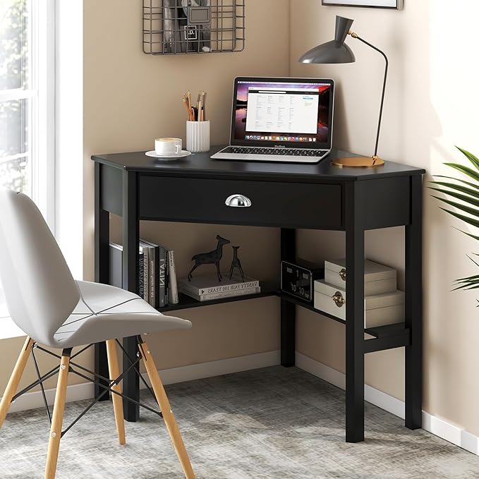 Nightcore Small, Wood Computer Desk, Compact Writing w/Drawer & Storage Shelves, Space Saving Study Workstation, Laptop PC Corner Table, Coffee - LeafyLoom