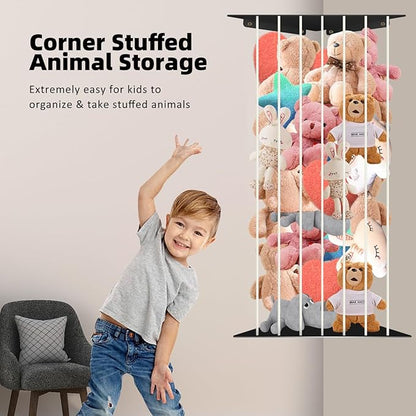 Toy Storage Organizer Corner Stuffed Animal Plush Toy Storage Kids Room Holder with Length Adjustable Large Toys Wall Hanging Shelf for Nursery Playroom Bedroom Sturdy Metal Black - LeafyLoom