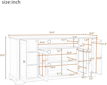 60 Inch TV Stand, Television Stands with 2 Tempered Glass Doors, Adjustable Panels and Open Style Cabinet, Entertainment Center for Living Room and Bedroom, White - LeafyLoom