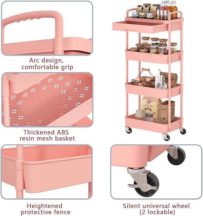 4-Tier Rolling Cart，Trolley with Drawer, Kitchen Storage Organizer with Plastic Shelf & Metal Wheels, Storage Cart for Living Room, Kitchen, Office, Bathroom, Pink - LeafyLoom