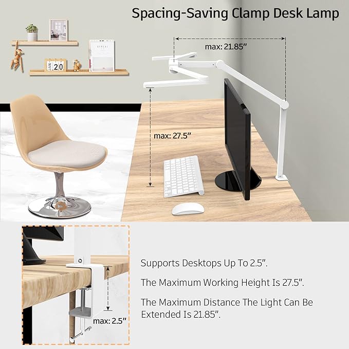 Transformable LED Desk Lamp, 41.5" Large Architect Desk Lamp with Clamp, White Computer Desk Light for Home Office, 24W Ultra Bright Auto Dimming Office Lighting Table Light for Crafting - LeafyLoom