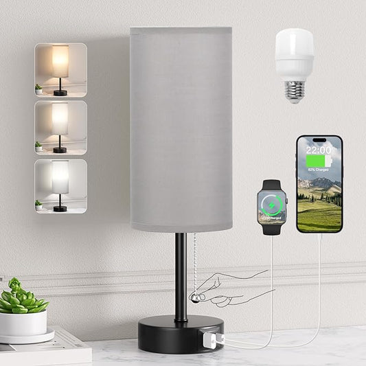 Grey Table Bedside Lamp for Bedroom Nightstand- Small Lamp with USB A + C Charging Port, 3 Color Temperatures Pull Chain Night Stand Light with Bulb, Side Table Desk Reading Lamp for Living Room - LeafyLoom