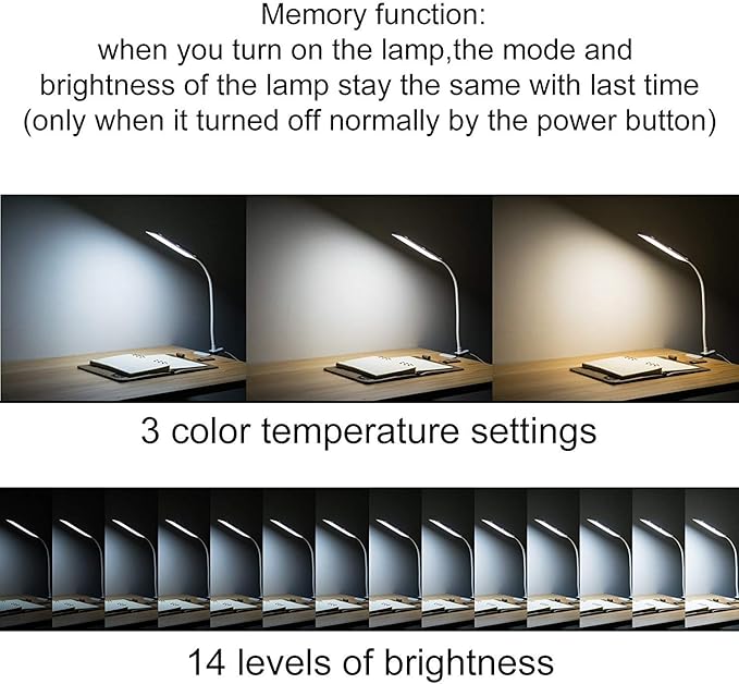 LED Desk Lamp Dimmable Eye-Caring Table Lamp Reading Light Office Light Adjustable 3 Color Modes,14 Brightness Levels, Gooseneck Flexible Clip-on Light for Studying, 5W-White - LeafyLoom