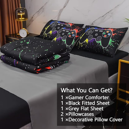 6Pcs Gamer Comforter Set with Sheets for Boys Girls Kids Teens, Colorful Graffiti Gaming Themed Bed in A Bag Twin Size, Black 3D Video Game Controller Bedroom Decor Bedding Set - LeafyLoom