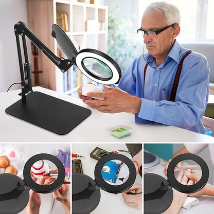 Magnifying Glass with Light, 3-in-1 Magnifying Desk Lamp 10X LED Magnifying Lamp with Heavy Base & Clamp, 5 Color Modes Stepless Dimmable, Magnifier Light for Soldering Craft Workbench - LeafyLoom