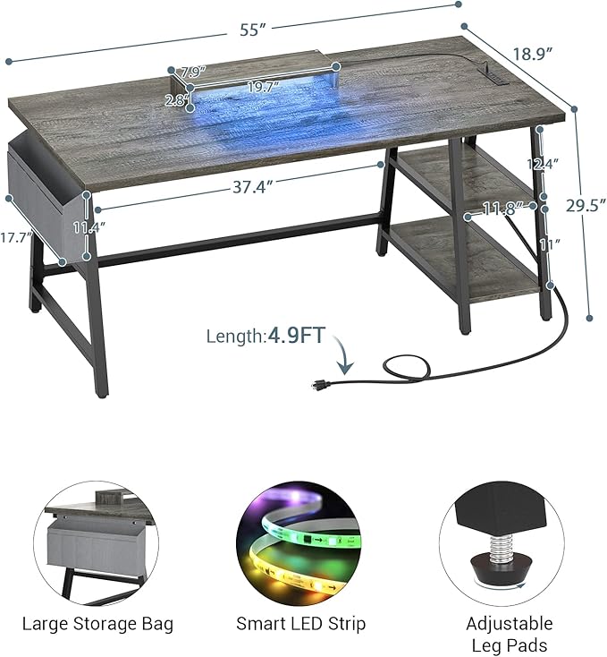 armocity Computer Desk with LED Lights, Reversible Desk with Power Outlet, 55'' Desk with Storage Shelves, Gaming Desk with Moveable Monitor Stand and Storage Bag for Home Office Workstation, Grey - LeafyLoom