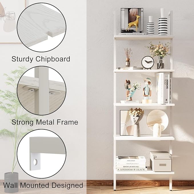 aboxoo Ladder Shelf White Wooden Bookshelf 5-Tier Wall-Mounted Open Wood Rack Industrial Modern Plant Flower Stand Utility Organizer Bookcase Metal Frame Furniture Office Kitchen Bedroom - LeafyLoom