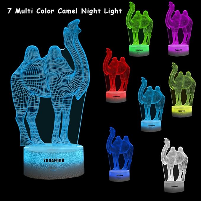 Camel 3D Visual Illusion Night Lamp Birthday Anniversary Party Gift LED Nursery Bedside Table Desk Night Lamps Lights for Baby Kids Children Camel Figure Toy Lovers Bedroom Theme Decor by YODAFOUR - LeafyLoom