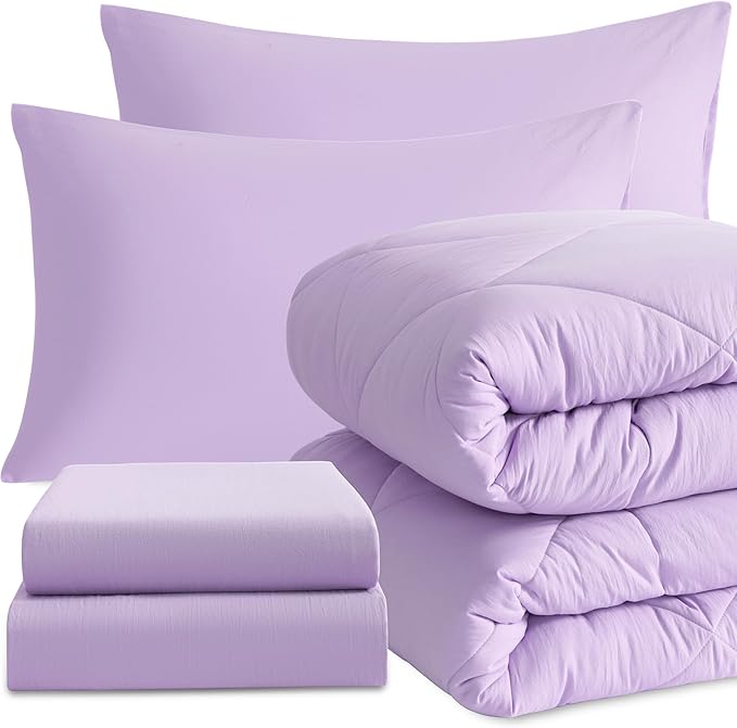 NTBAY Twin Comforter Set with Sheets, 5 Pieces Soft and Breathable Twin Bedding Set, Twin Bed in a Bag, Down Alternative Comforter Set Solid Color All Season, Kids Bedding Set, Light Purple - LeafyLoom