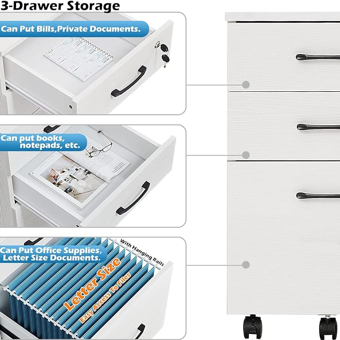 Panana 3 Drawer Wood Mobile File Cabinet, Under Desk Storage Drawers Small File Cabinet for Home Office (White) - LeafyLoom