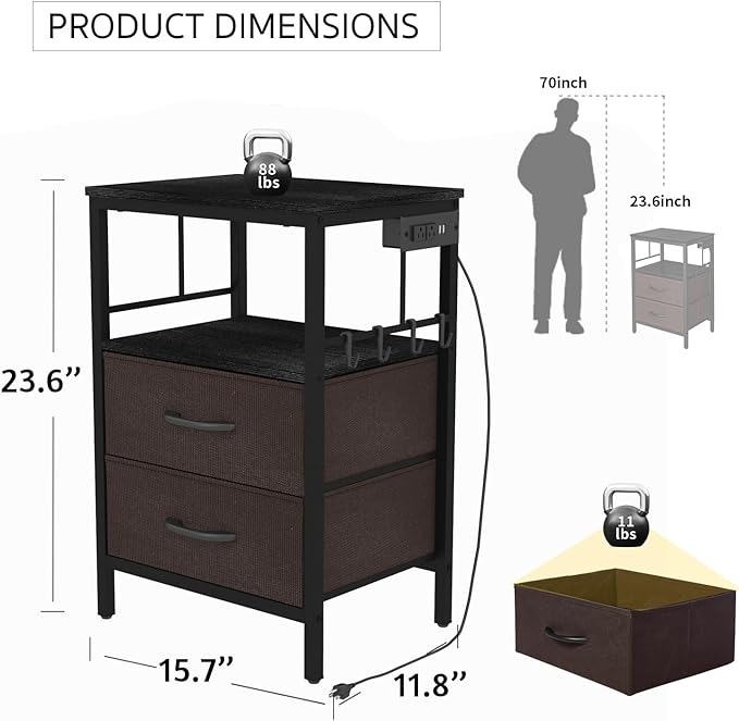 Nightstand with Charging Station, Side Table with Fabric Drawers and Open Shelf, Night Stand for Bedroom Decor, Bedside Table with USB Ports & Outlets (Black,1) - LeafyLoom