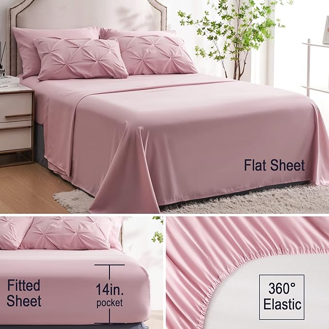 Ubauba 5pc Twin Comforter Set for Girls with Sheets, Blush Pintuck 5 Piece Bed in a Bag Set, Soft Pinched Pleat All Season Twin Size Bedding Sets (Pink,Twin) - LeafyLoom