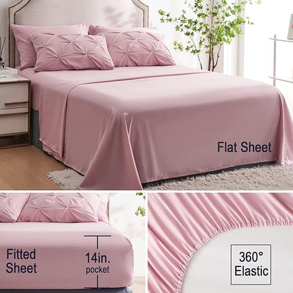 Ubauba 7pc King Size Comforter Set with Sheets, Blush 7 Piece Pintuck Bed in a Bag with Comforters and Sheets, Soft Fluffy Pinch Pleat Bedding Sets for Women (Pink,King) - LeafyLoom