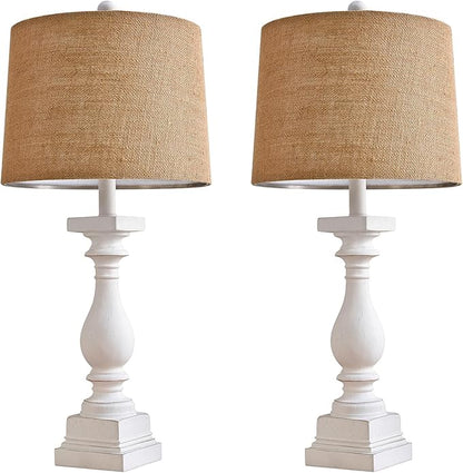 BOBOMOMO 27" USB A+C Farmhouse Table Lamp Set of 2 Vintage Rustic Traditional Nightstand Bedside Lamps Retro Side Table Lamps (Washed White) - LeafyLoom