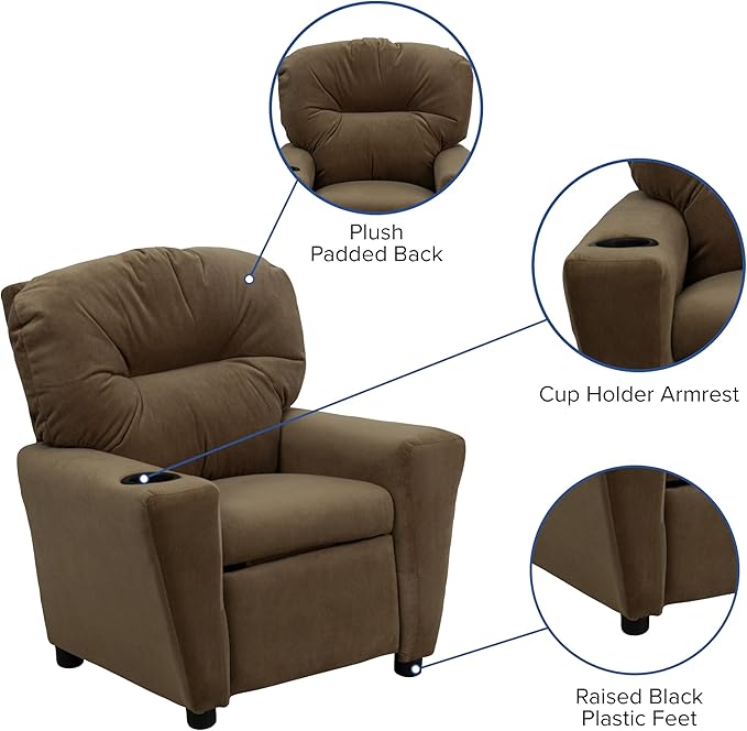 Flash Furniture Chandler Microfiber Kids Recliner with Cup Holder and Safety Recline, Contemporary Reclining Chair for Kids, Supports up to 90 lbs., Brown - LeafyLoom