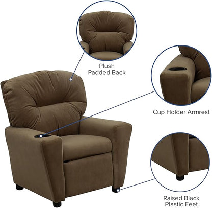 Flash Furniture Chandler Microfiber Kids Recliner with Cup Holder and Safety Recline, Contemporary Reclining Chair for Kids, Supports up to 90 lbs., Brown - LeafyLoom