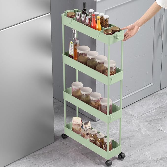 SPACELEAD Slim Storage Cart 4 Tier, Storage Organizer Rolling Utility/Mobile Shelving Unit Slide Out Storage Cart for Office, Bathroom, Kitchen, Laundry Room & Narrow Places， Green - LeafyLoom