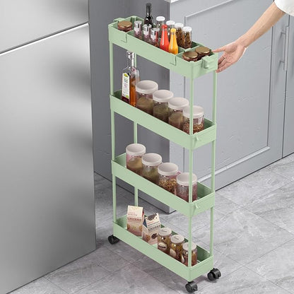 SPACELEAD Slim Storage Cart 4 Tier, Storage Organizer Rolling Utility/Mobile Shelving Unit Slide Out Storage Cart for Office, Bathroom, Kitchen, Laundry Room & Narrow Places， Green - LeafyLoom