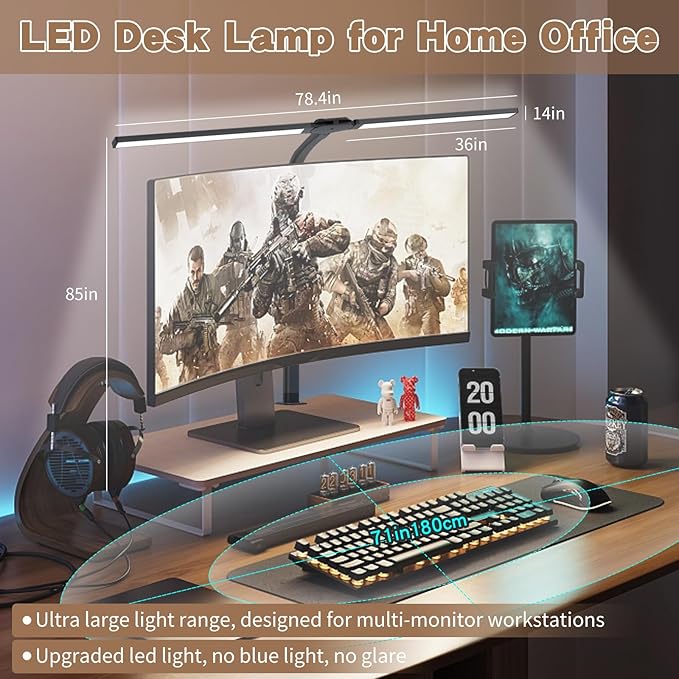 LED Desk Lamp for Home Office, Gooseneck Desk Light Architect Clip on office Lamp with 10 Dimmable 7 Modes, 24W Sensor Auto Dimming Table Lights for Desk, Adapter Included - LeafyLoom