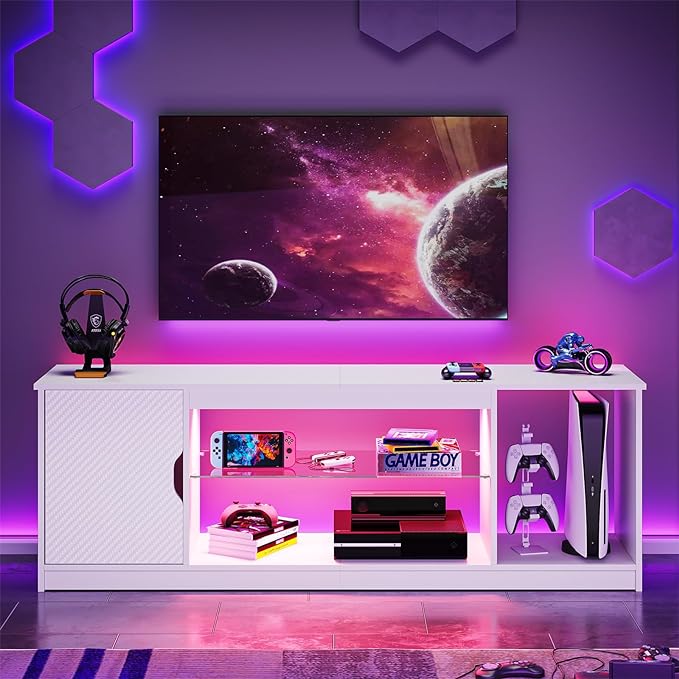 Bestier Gaming TV Stand with Removable Glass Shelves for 55/60/65 Inch TV,Led Entertainment Center & 22 Dynamic RGB Modes for PS5 PS4,Modern TV Console for Living Room Bedroom Carbon Fiber White - LeafyLoom