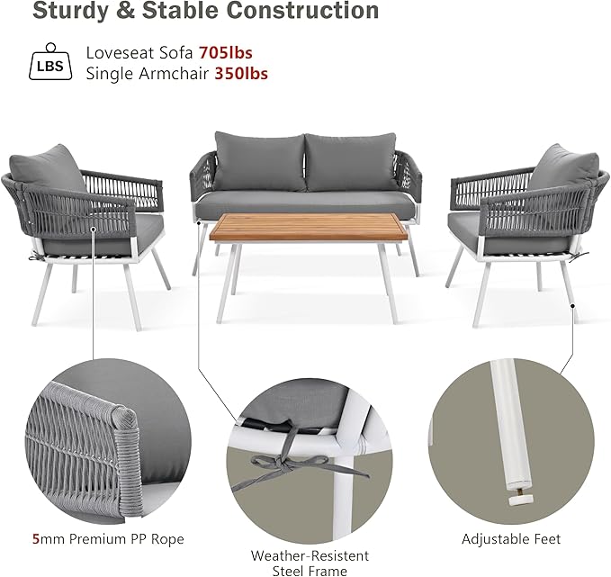 4-Piece Outdoor Patio Furniture Boho Rope Weave Set, Conversation Loveseat Sofa&Chairs with Acacia Wood Table and Thick Cushions, for Garden Backyard Balcony, Onesize, Beige - LeafyLoom