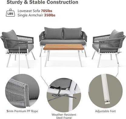 4-Piece Outdoor Patio Furniture Boho Rope Weave Set, Conversation Loveseat Sofa&Chairs with Acacia Wood Table and Thick Cushions, for Garden Backyard Balcony, Onesize, Beige - LeafyLoom