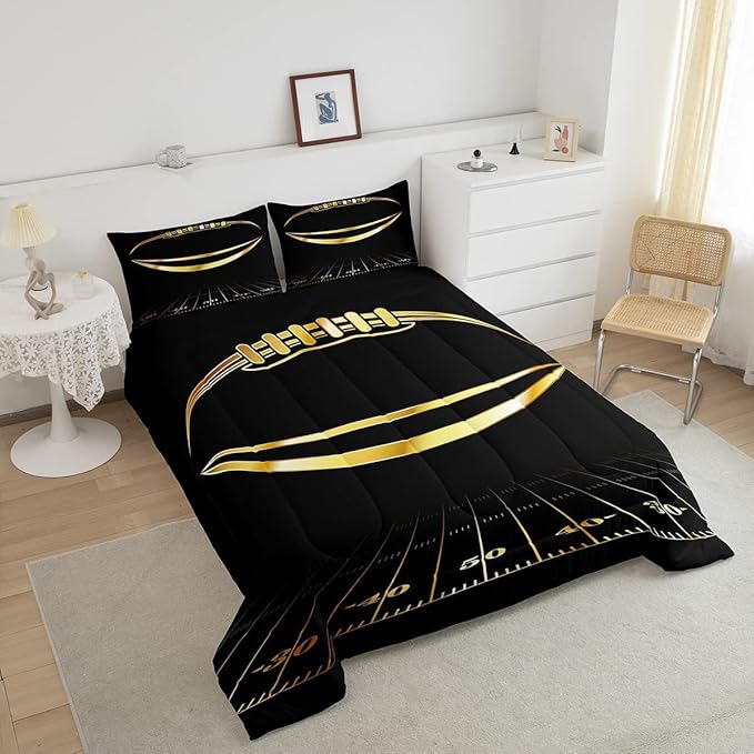 Feelyou Football Bedding Set King Kids Rugby Sports Comforter Set American Football Comforter Set for Boys Golden Black Room Decor Quilt with 2 Pillow Case Boys - LeafyLoom