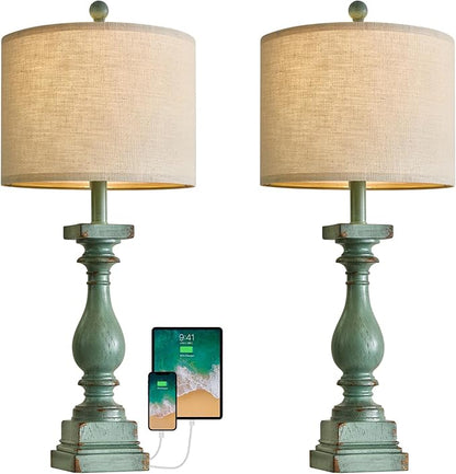 BOBOMOMO 27" Farmhouse Table Lamp Set of 2 with USB A+C for Bedroom Living Room Vintage Rustic Traditional Nightstand Bedside Lamps Retro Side Table Lamps (Green) - LeafyLoom