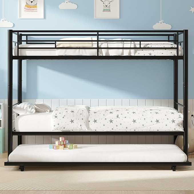 VECELO Twin Over Twin Bunk Bed with Trundle, Metal Bunkbeds with Ladder and Full-Length Guardrail, Noise Free, No Box Spring Needed, Black - LeafyLoom