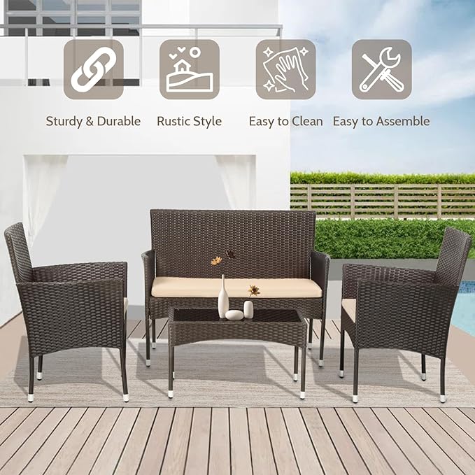 FDW Patio Furniture Set 4 Pieces Outdoor Rattan Chair Wicker Sofa Garden Conversation Bistro Sets for Yard (Brown) - LeafyLoom