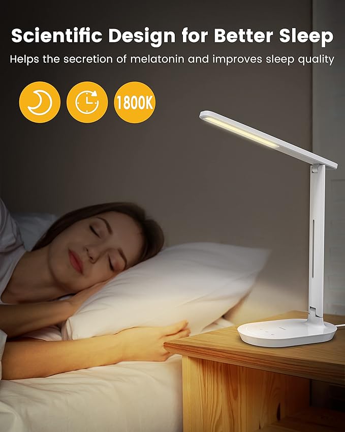 LASTAR LED Desk Lamp, Dimmable Eye-Protecting Table Lamps with Night Light, USB Charging Port, 4 Color Temperature Modes, 5 Brightness Levels, 1H Timer, Touch Control for Home Office Bedroom - LeafyLoom