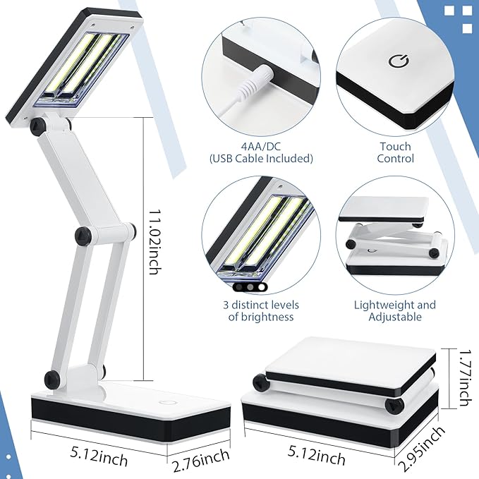 6 Pcs Foldable LED Desk Lamp with USB 3 Adjustable Brightness Portable Rechargeable Light Folding 240 Lumens Touch Control Table Lamp for Travel Reading Home Office, Battery and USB Powered - LeafyLoom