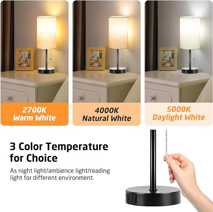 Small Table Lamp for Bedroom Set of 2 - Bedside Table lamps for Nightstand, 3 Color Temperatures Side Table Lamp with AC Outlet 2PK Black(2 Blubs Included). - LeafyLoom