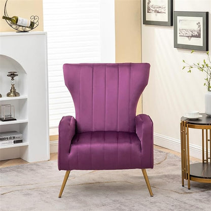 Armchair Modern Velvet Accent Chair, Channel Tufted Bedroom, Office or Living Room Furniture with Elegant Metal Legs, Purple - LeafyLoom