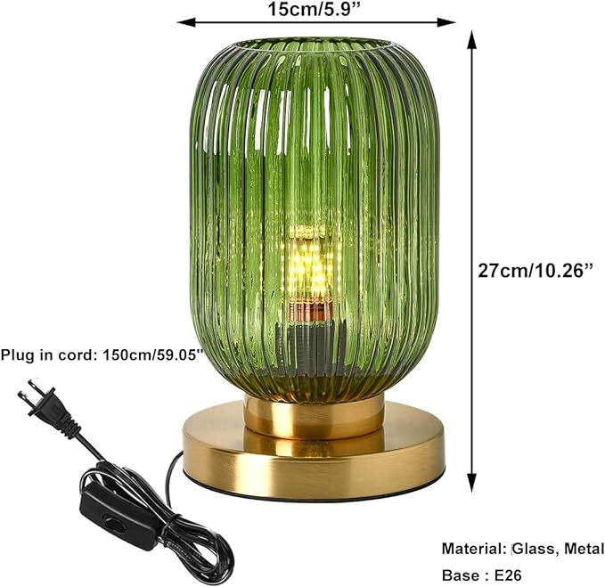 Glass Table Lamps Mid Century Modern Globe Table lamp Gold Desk lamp nightstand lamp with Green Pumpkin Design Ribbed Glass Bedside Table Lamp for Bedroom Living Room Office - LeafyLoom