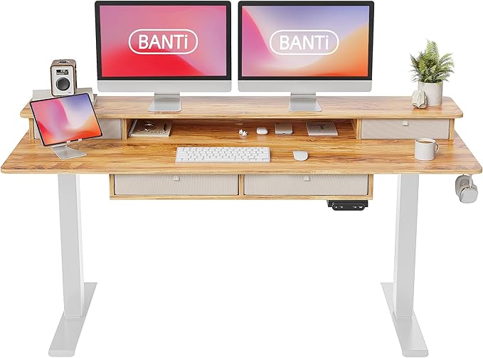 BANTI Height Adjustable Electric Standing Desk with 4 Drawers, 63 x 24 Inch Table with Storage Shelf, Sit Stand Desk, Light Rustic Brown Top - LeafyLoom