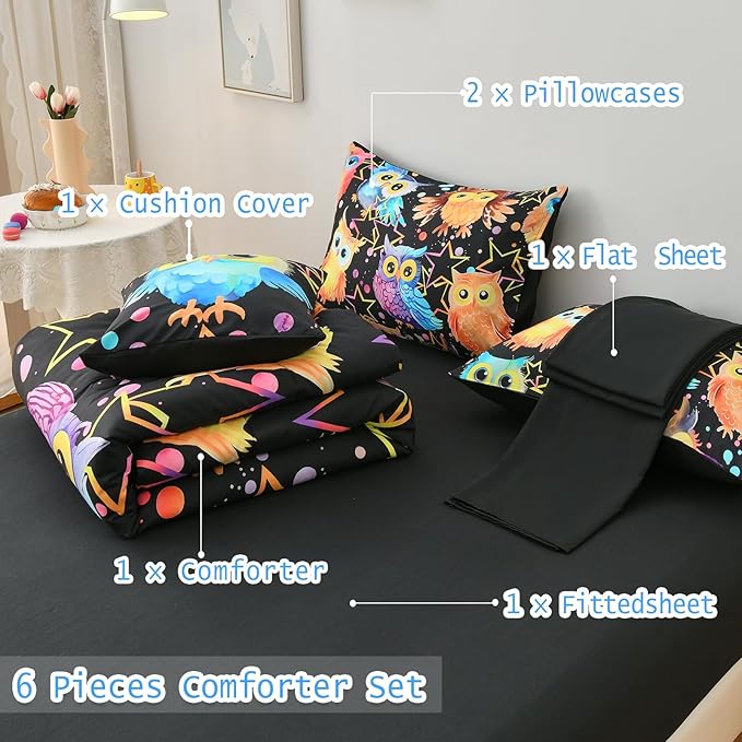 DORCAS Cute Owl Twin Comforter Boys Girls Bedding Sets Twin 6 Pieces Animal Bed-in-A-Bag Twin with Comforter,Sheets,Pillowcases for Kids - LeafyLoom