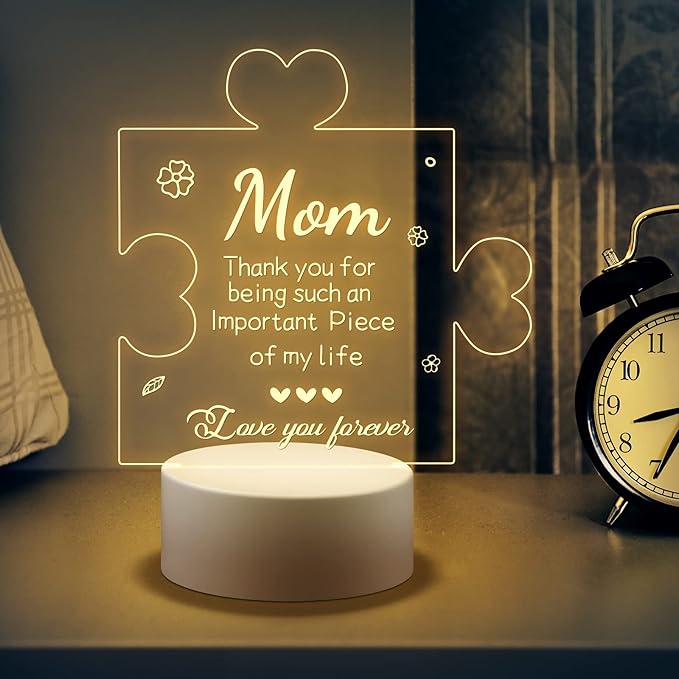 Puzzle Night Light Gift for Mom, Mother's Day Gifts from Daughter and Son Night Lamp with Plastic Base, Mom Gifts On Anniversary Christmas Day for Mom - LeafyLoom